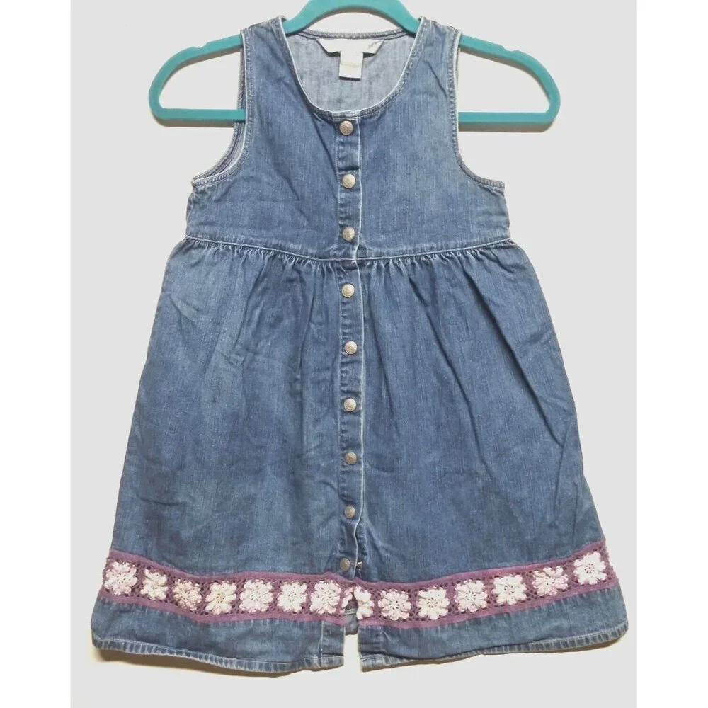 VTG Denim Dress Jumper Girls Sz L crochet floral lace button front fit flare EUC